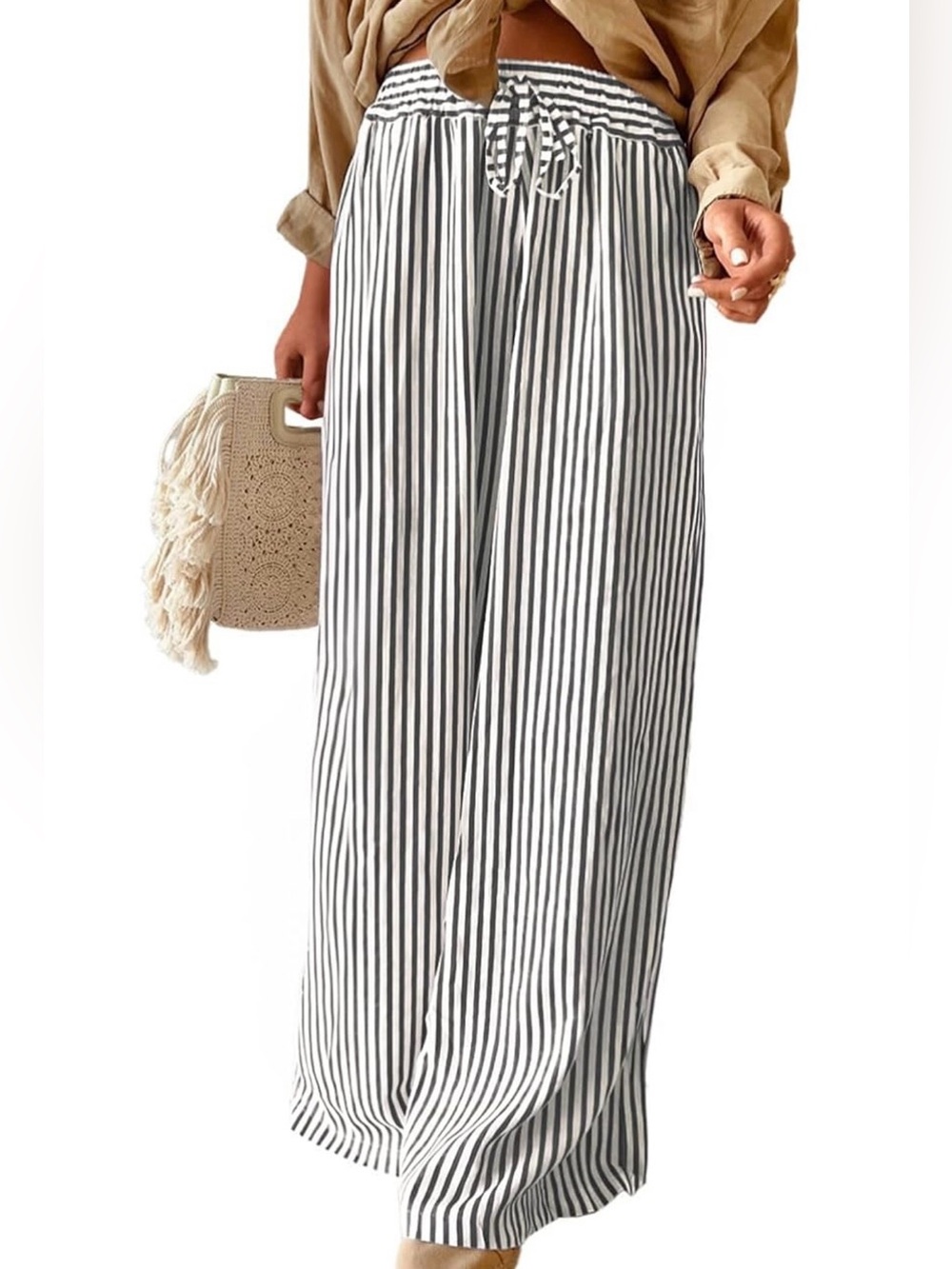 Soft Stretchy Striped Wide Leg Pants Elastic Waist black and white XL 12-14